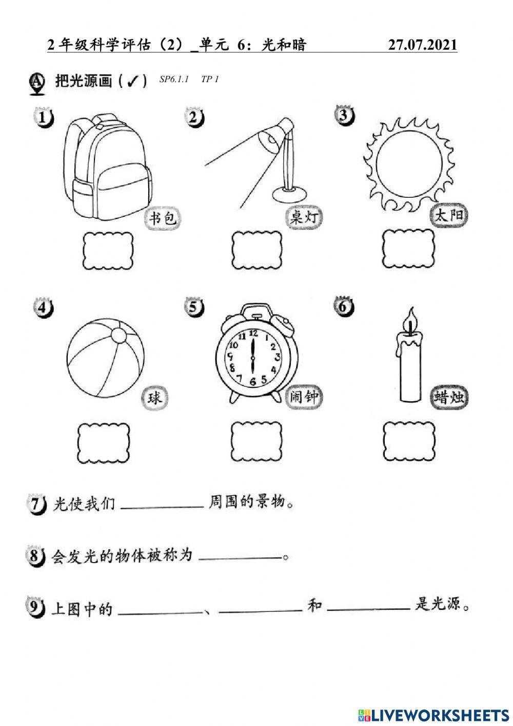 2年级科学评估（2）-光和暗