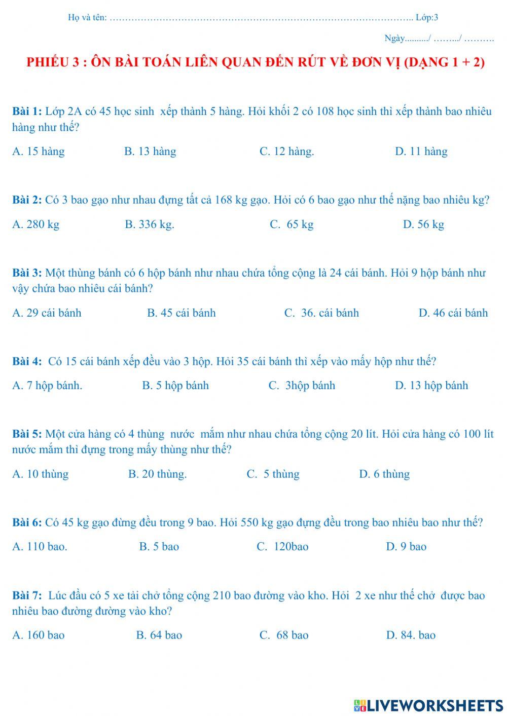 Ôn tập toán lớp 3 cuối năm