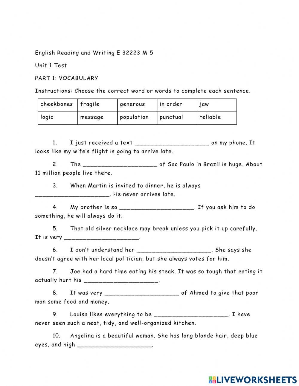 Vocabulary Comprehension Test M5 unit 1 2