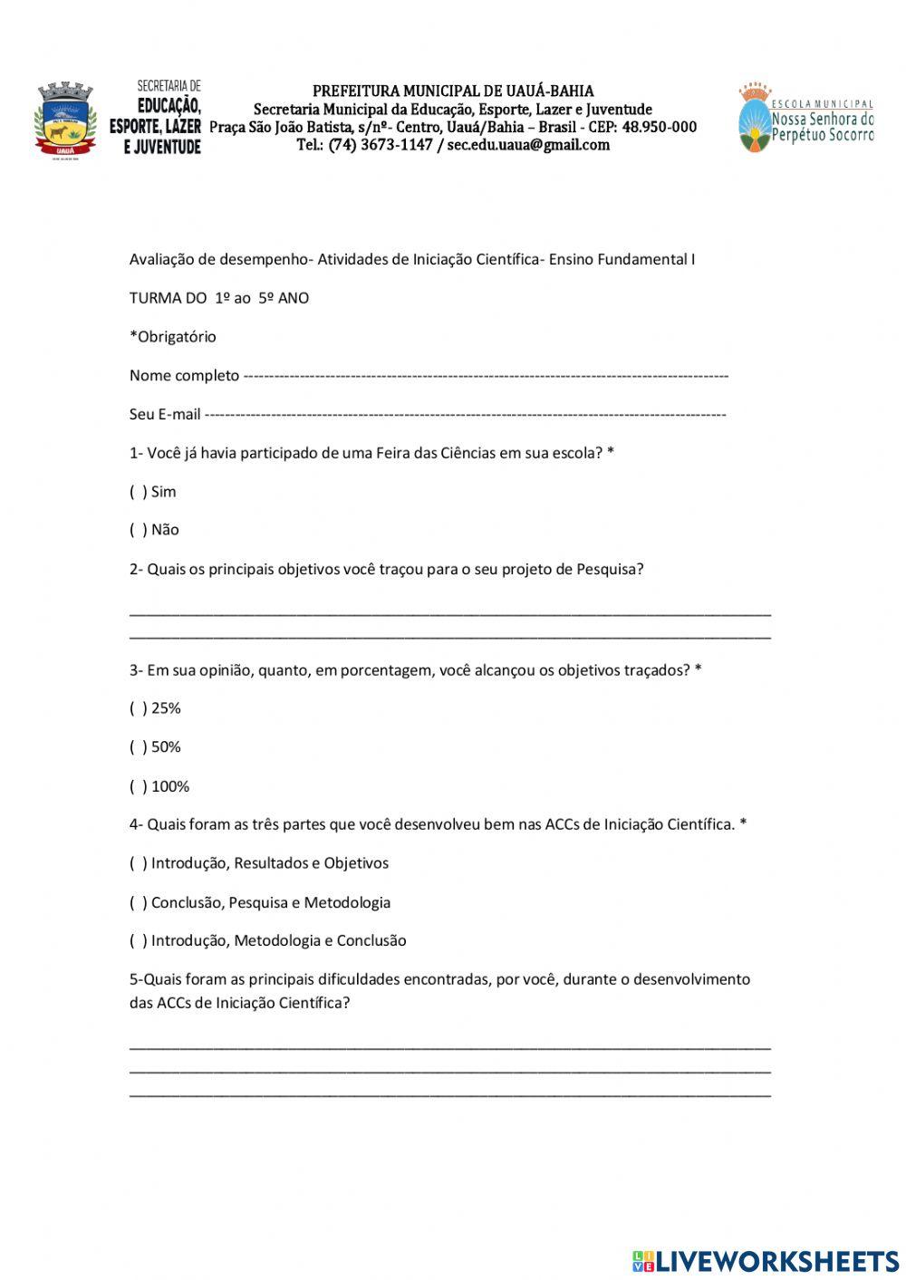 Avaliação da feira de ciências