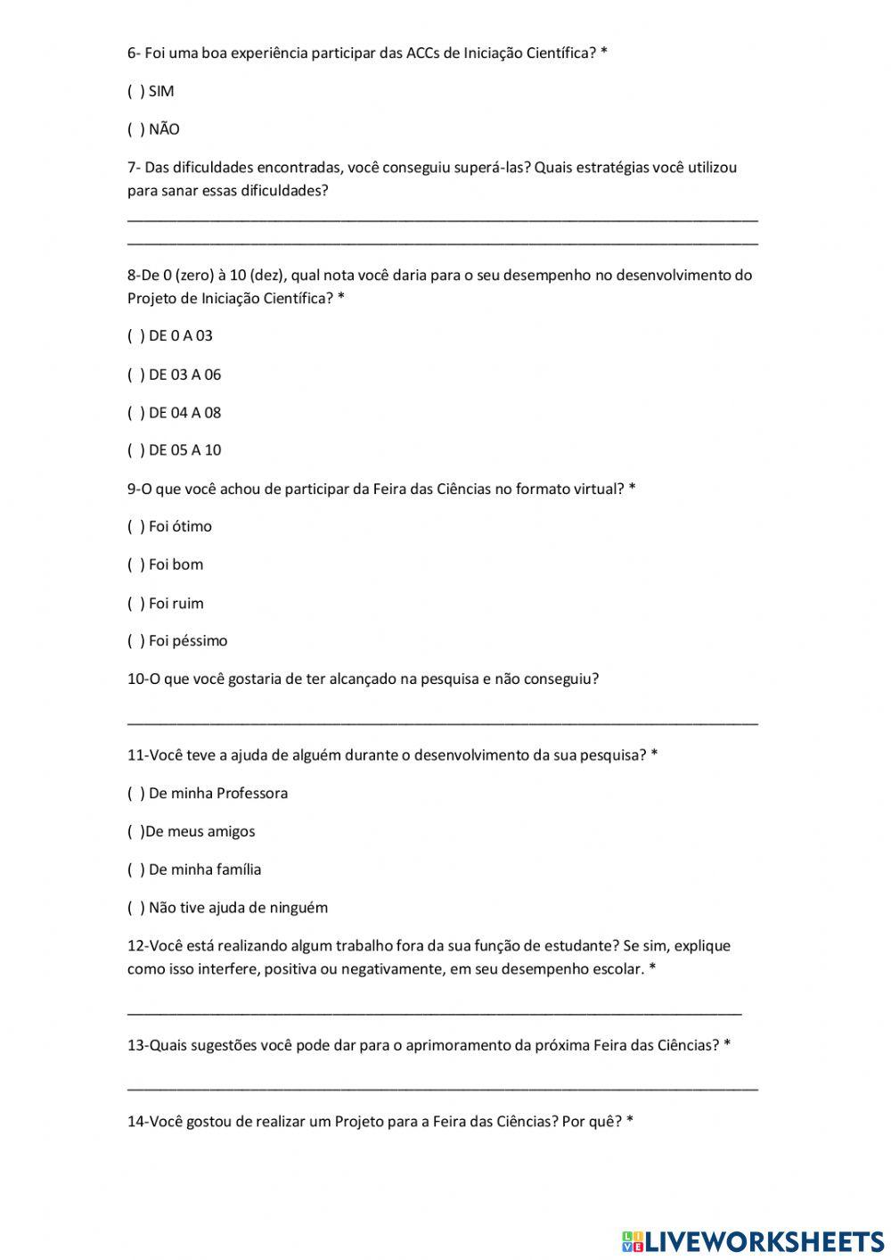 Avaliação da feira de ciências