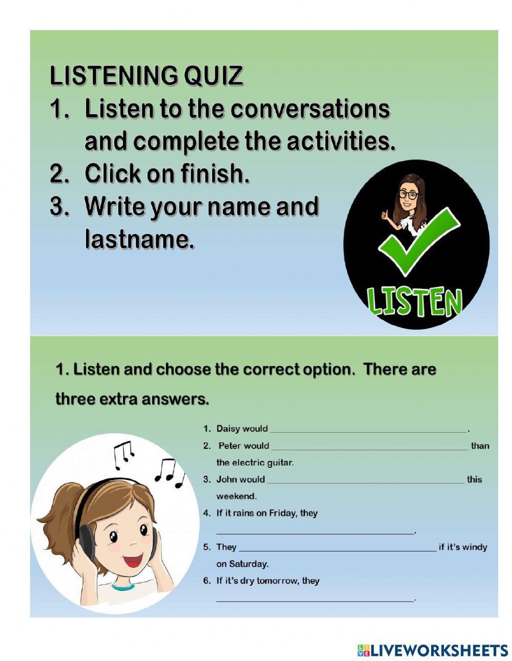 Listening quiz online activity for FOURTH Live Worksheets