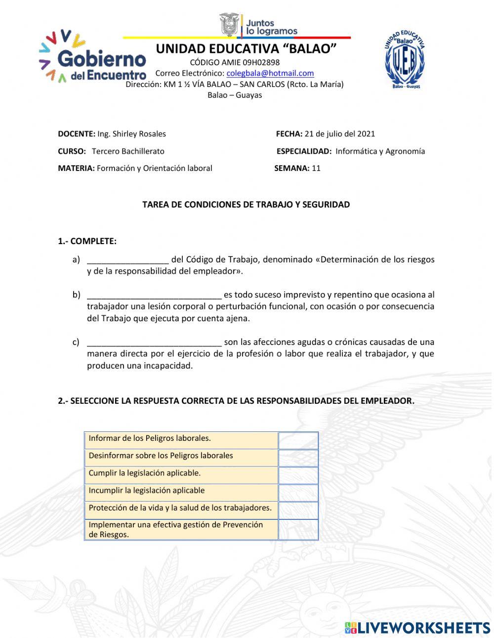 Condiciones de Trabajo y Seguridad