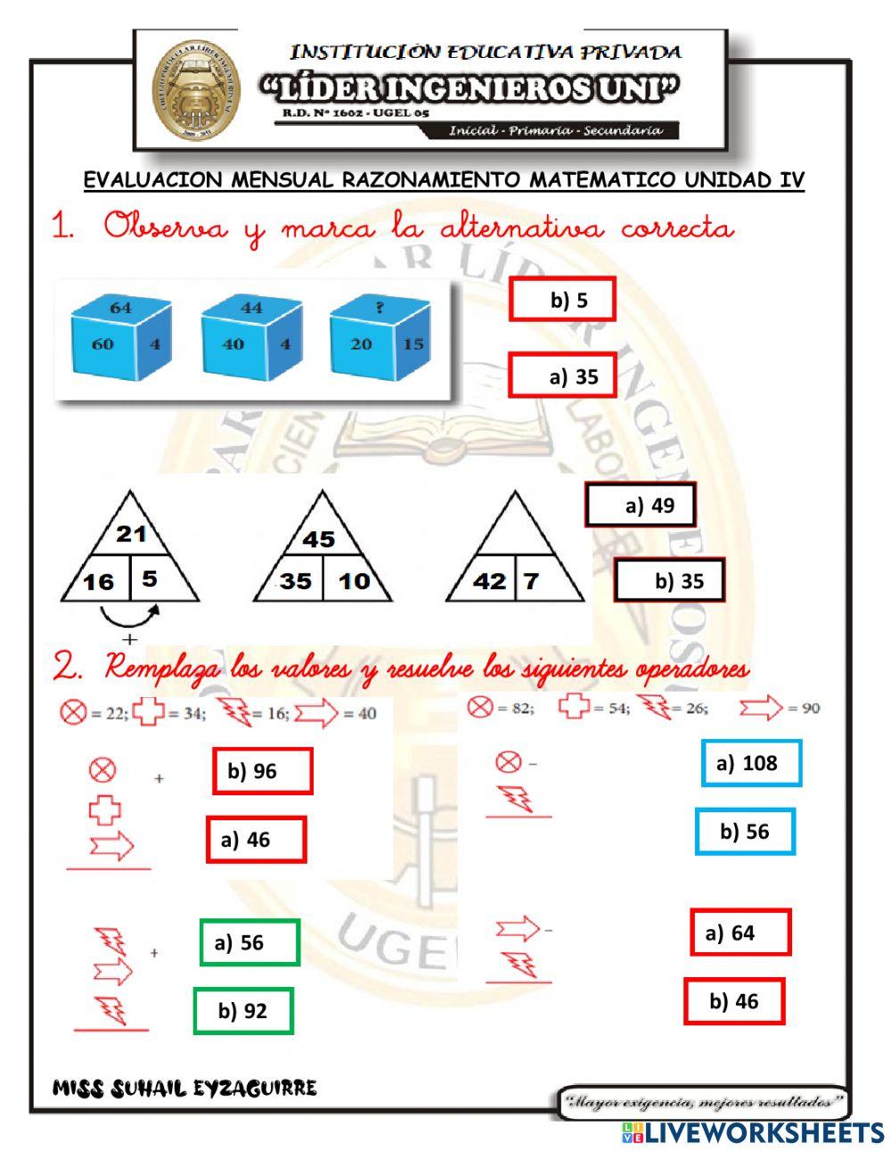 Examen de razonamiento matematico