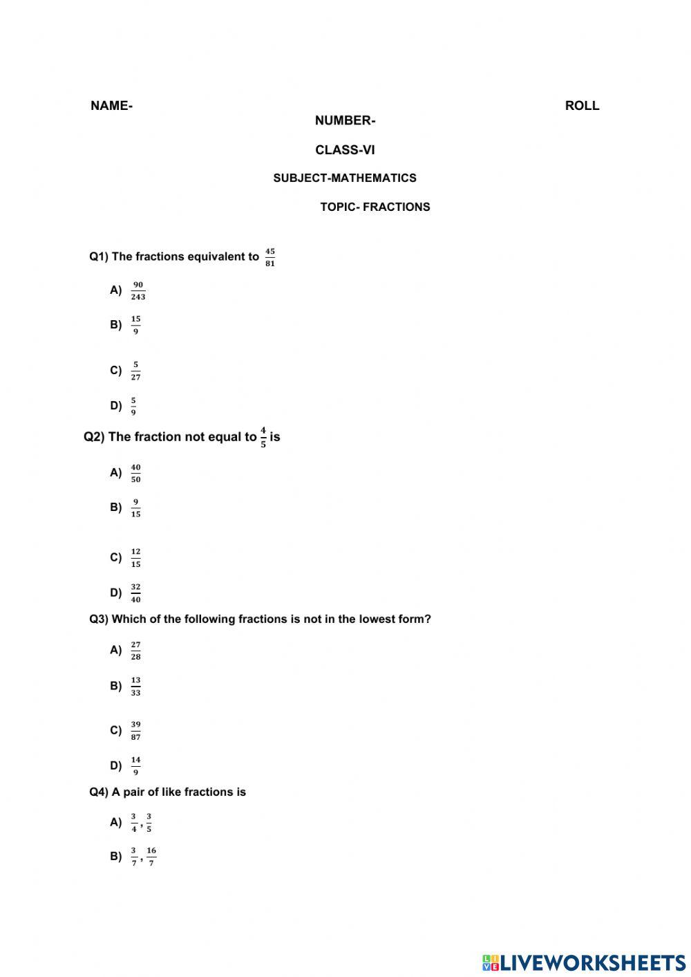 Multiple choice questions online activity for VI Live Worksheets