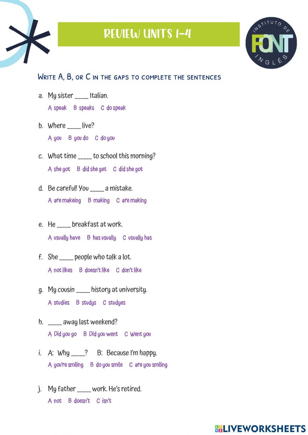 Review Units 1-4 English File Pre Int