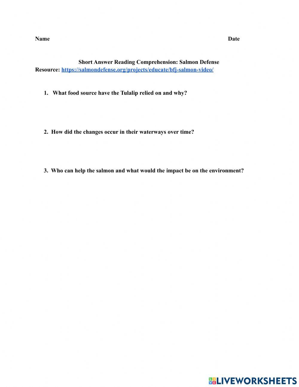 Salmon Defense Short Answer Reading Comprehension Salmon Defense Short Answer Reading Comprehension