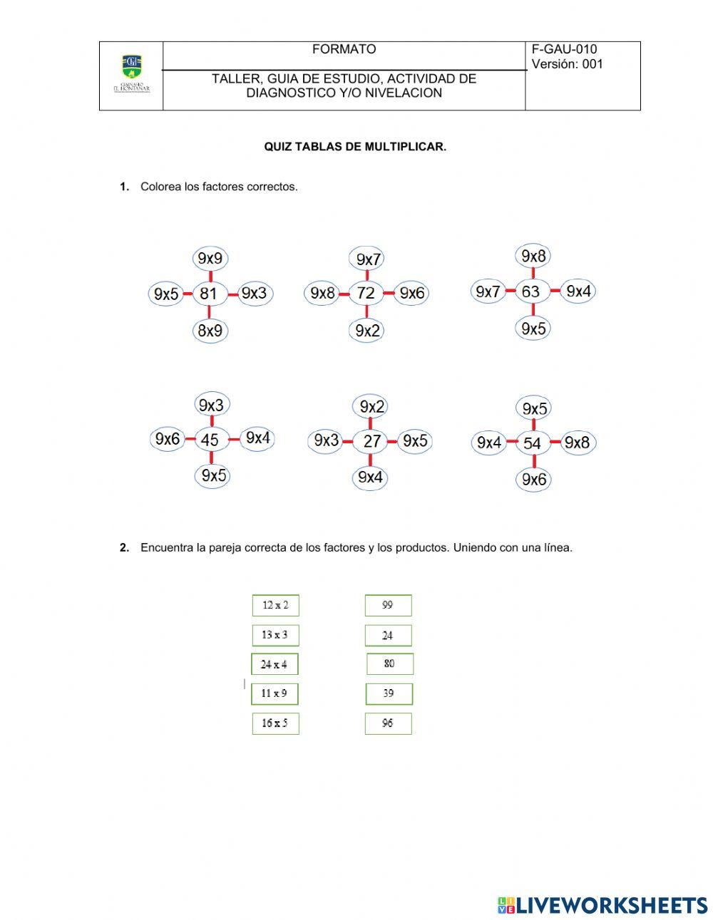 Quiz: tablas de multiplicar worksheet