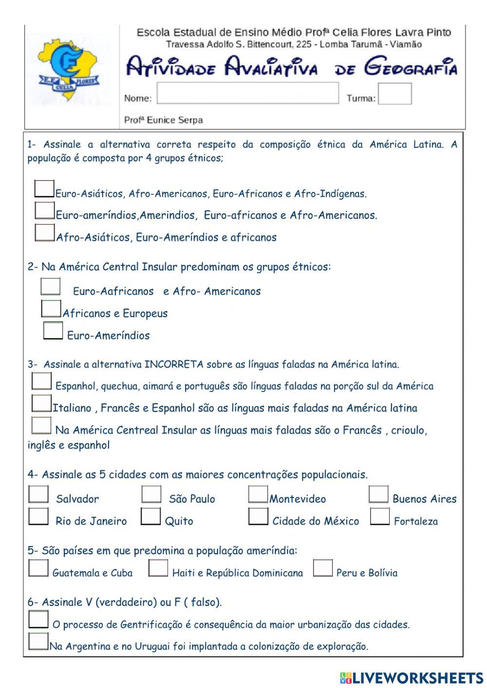 Atividade Avaliativa População da América Latina
