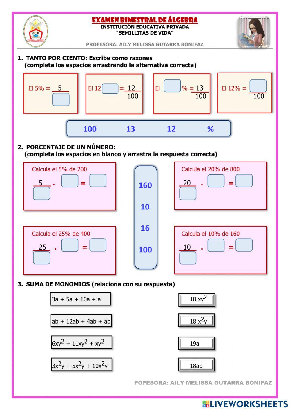 Evaluación bimestral de Álgebra
