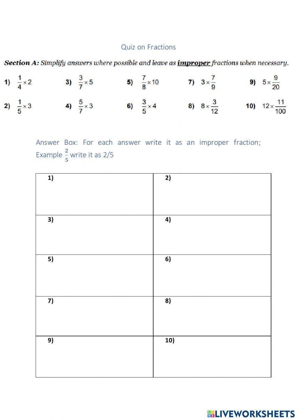 Quiz of Fractions Section A
