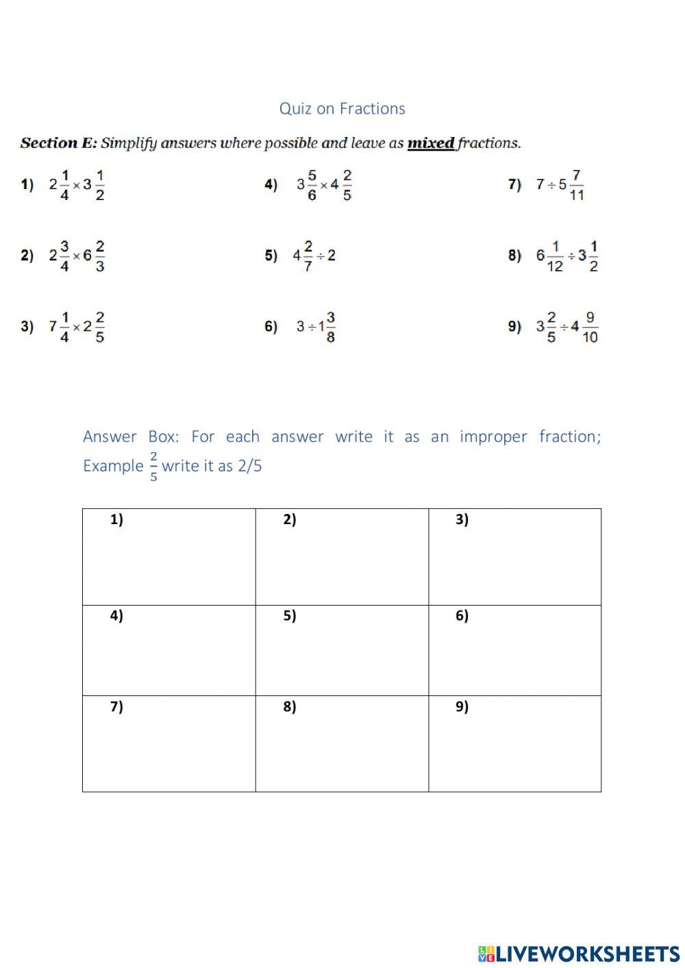 Quiz of Fractions Section D worksheet Live Worksheets