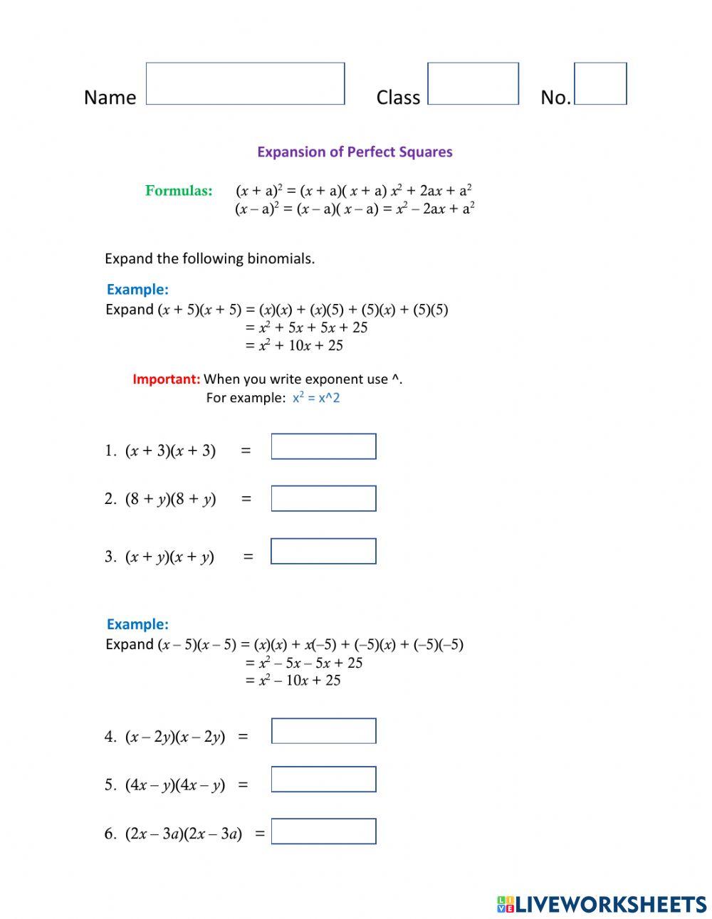 Expansion of Perfect Squares Worksheet