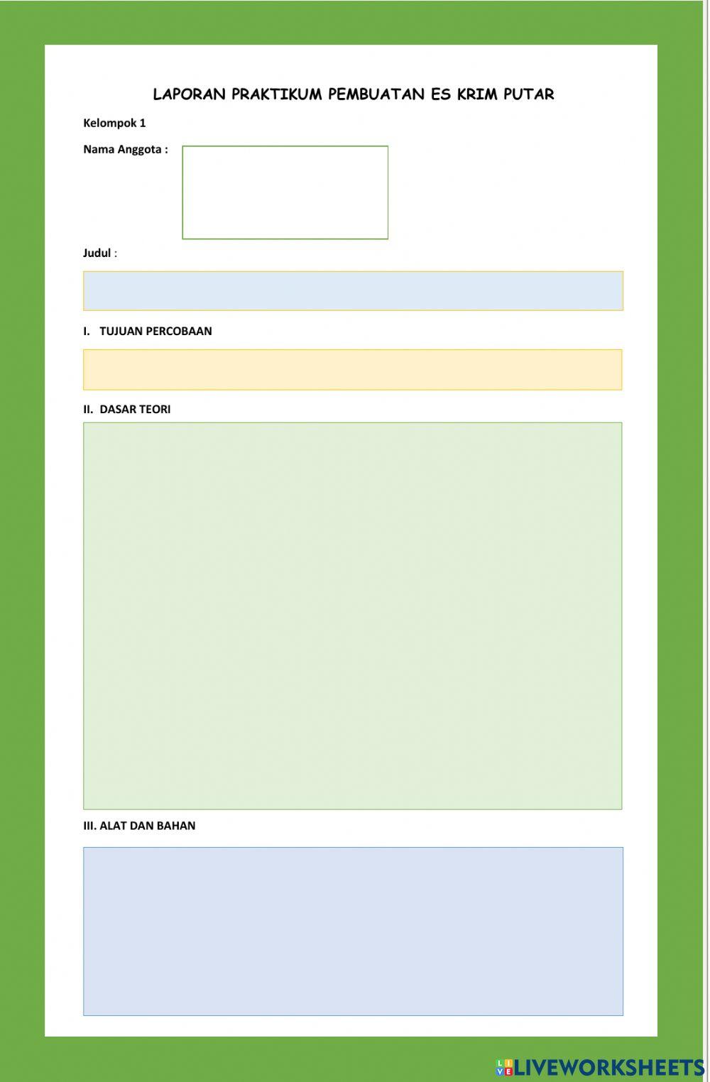 Laporan Praktikum Pembuatan Es Putar Kel 1 worksheet | Live Worksheets
