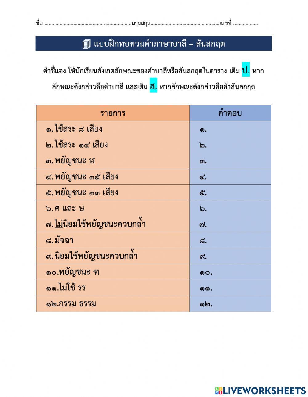 แบบฝึกทบทวนคำบาลี-สันสกฤต