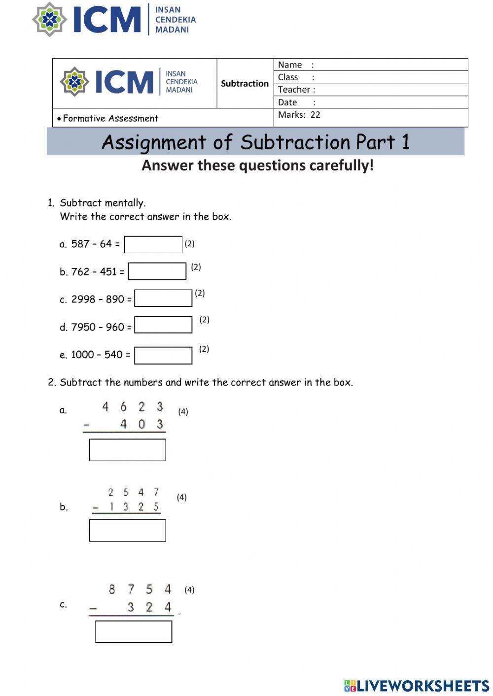 Subtraction Grade 5