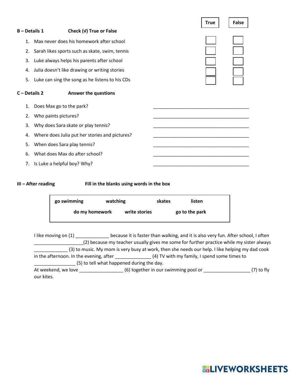 Family and friends 2 - Unit 6 reading comprehension