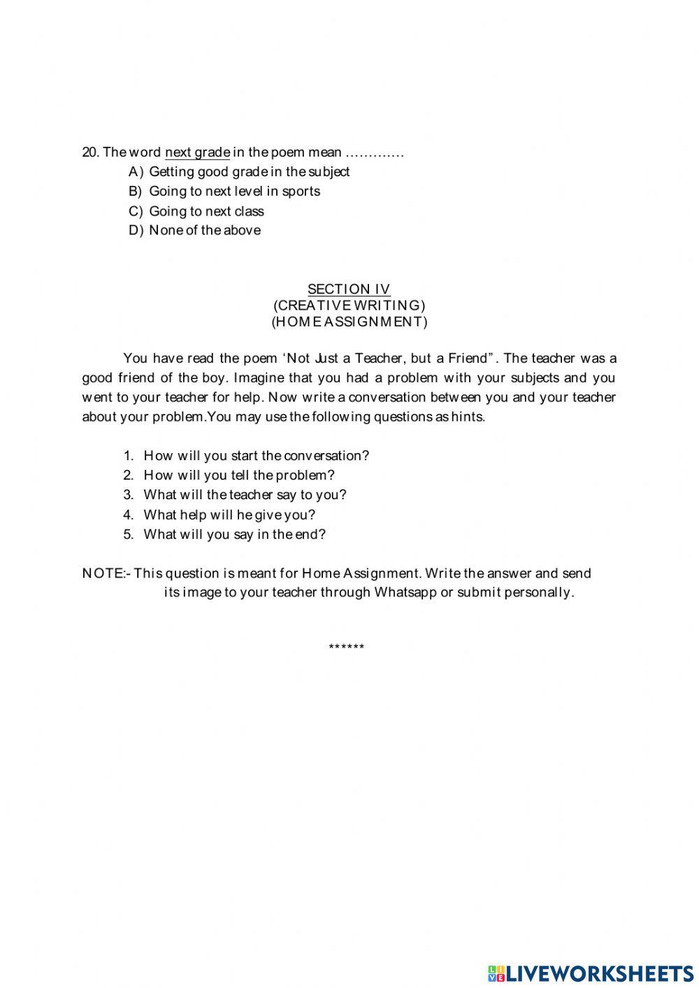 9th class-Unit 3-Not Just a Teacher,but a Friend -poem-worksheet 4