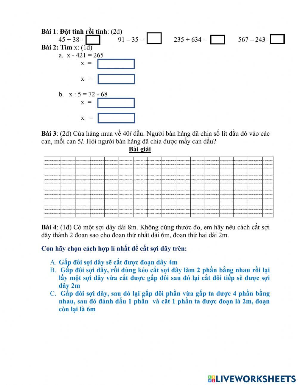 Đề kiểm tra môn toán kì 2 -số 1