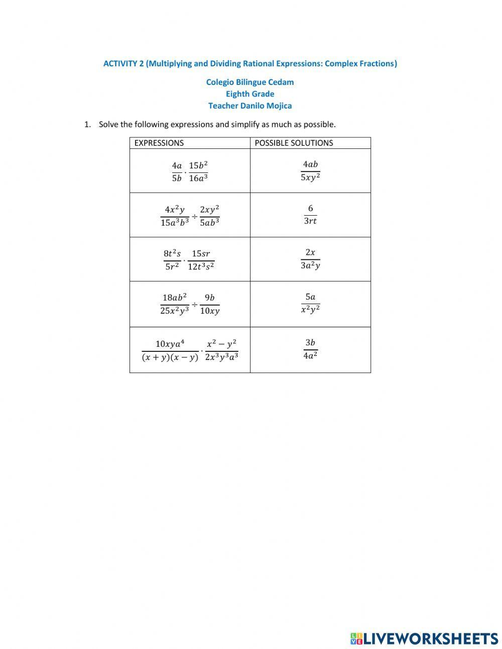 Multiplicacion y division de expresiones racionales