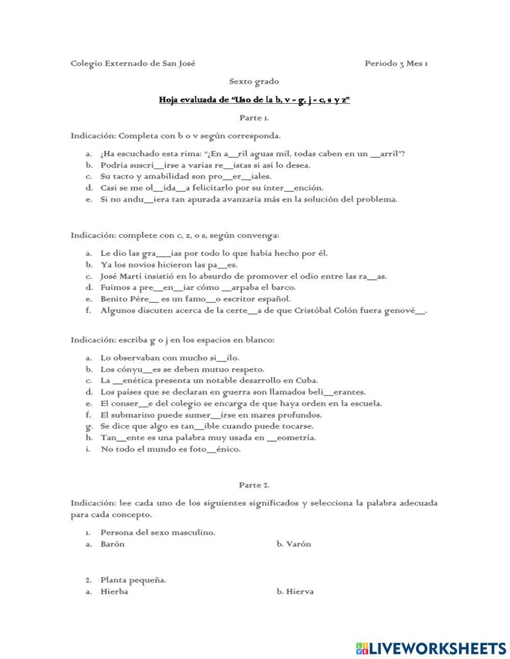 Uso de la -b, v - g, j - c, s y z-