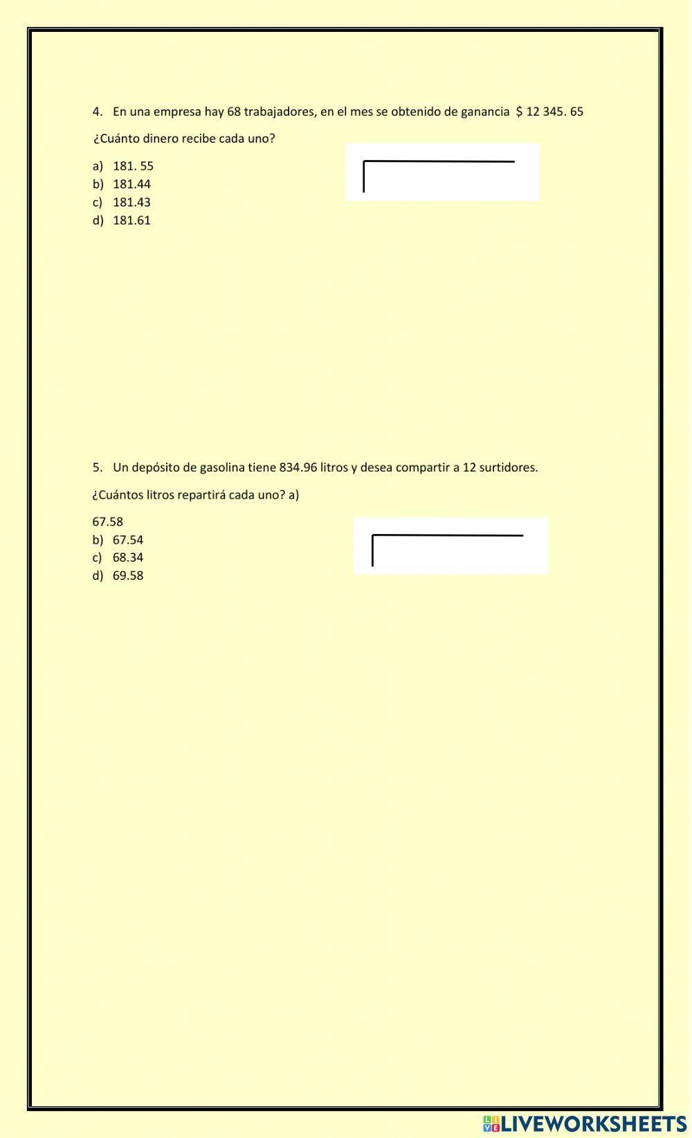 PROBLEMAS CON DIVISION DE NUMEROS DECIMALES