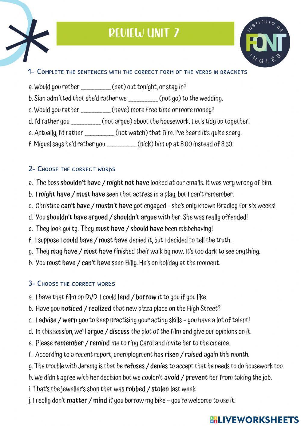 English File Upper Int (4th Ed) - Review Unit 7