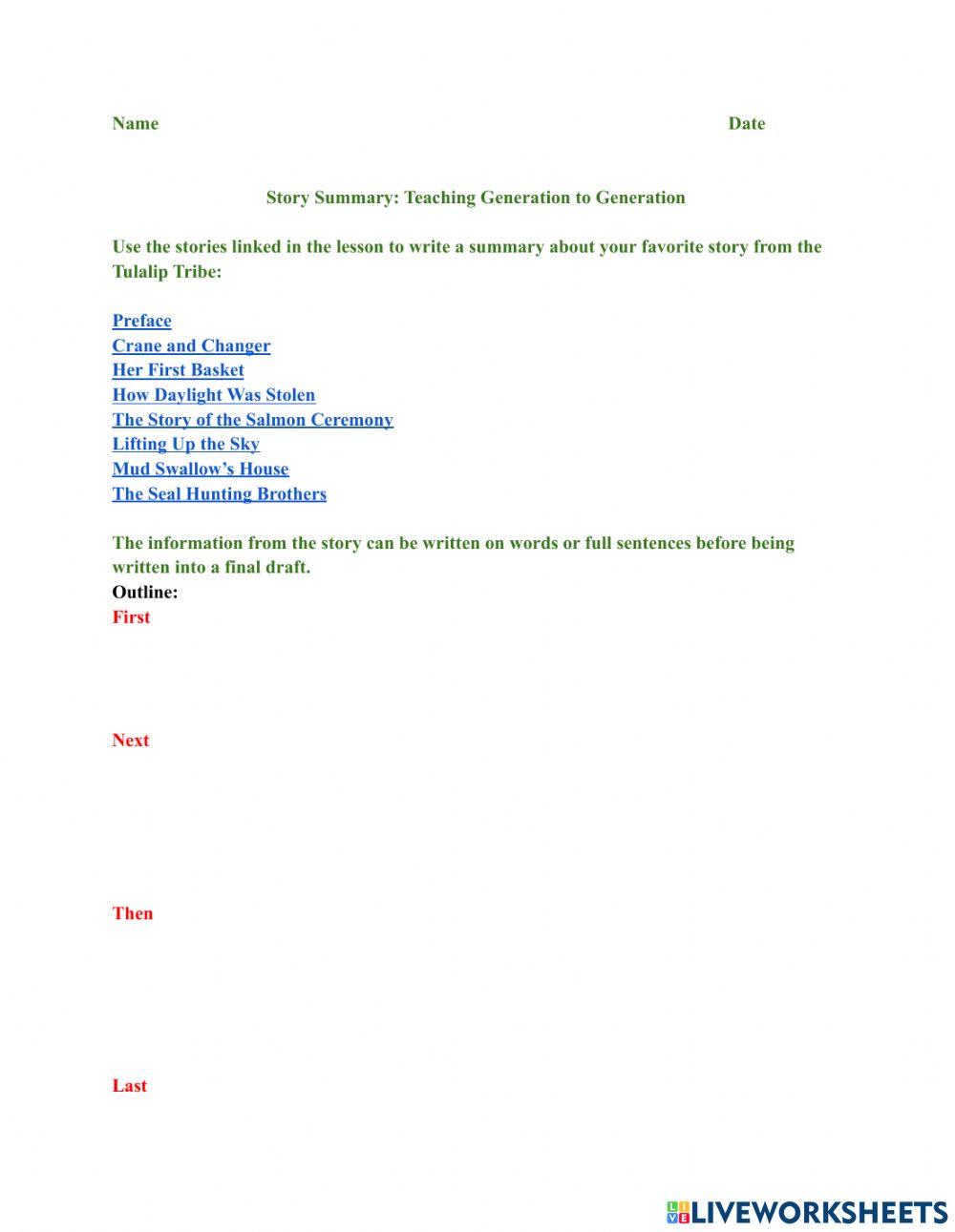 Story Summary: Teaching Generation to Generation Story Summary: Teaching Generation to Generation