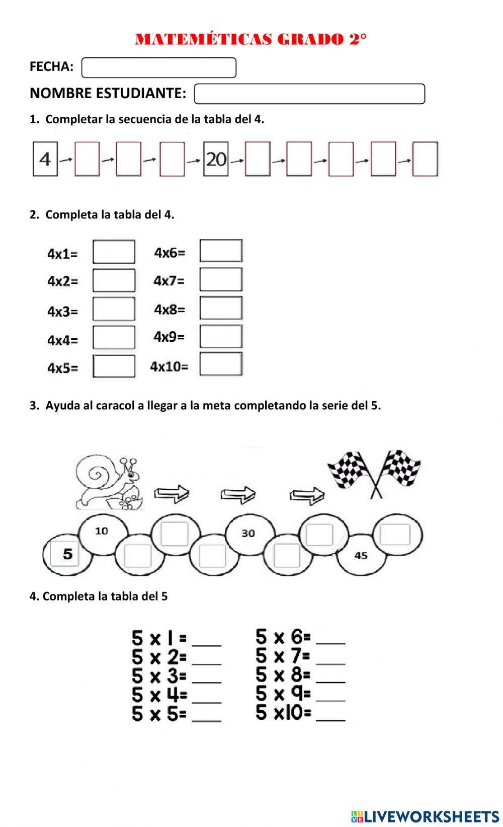 Ejercicios De La Tabla De Multiplicar Del 4 Tabla del 4 y 5 worksheet | Live Worksheets