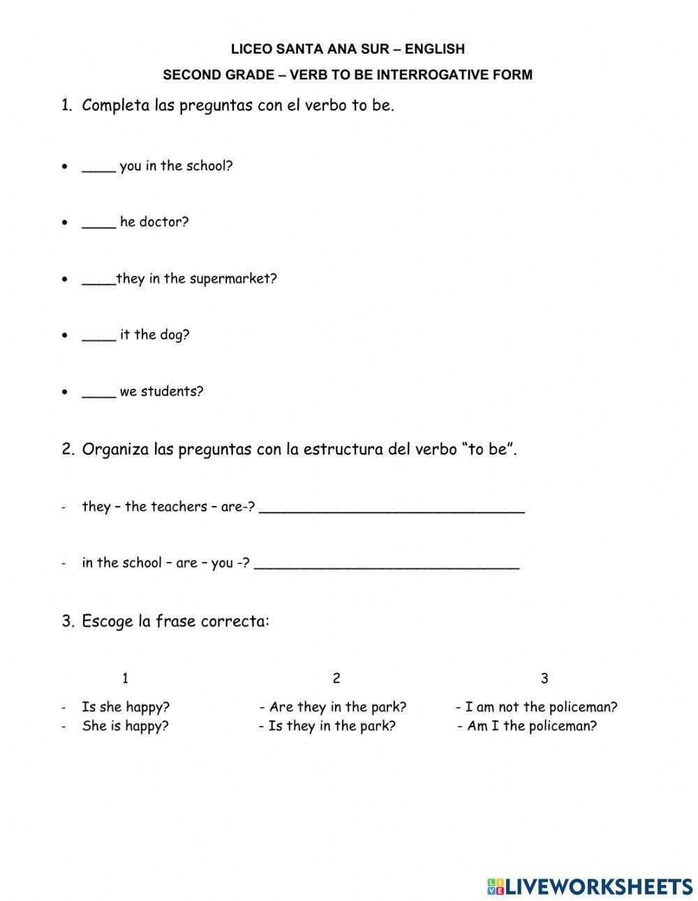 Evaluacion verb to be interrogative form