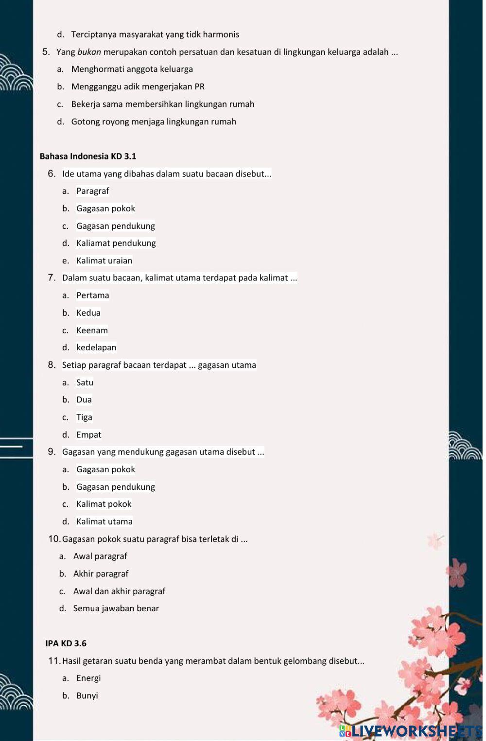 Penilaian Harian Tema 1 Sub tema 1