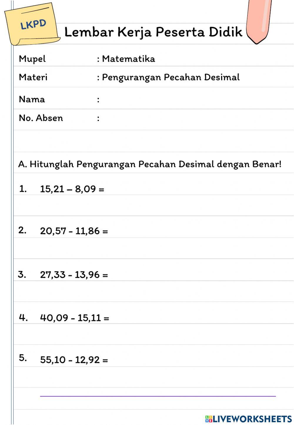 LKPD 3 Pengurangan Desimal