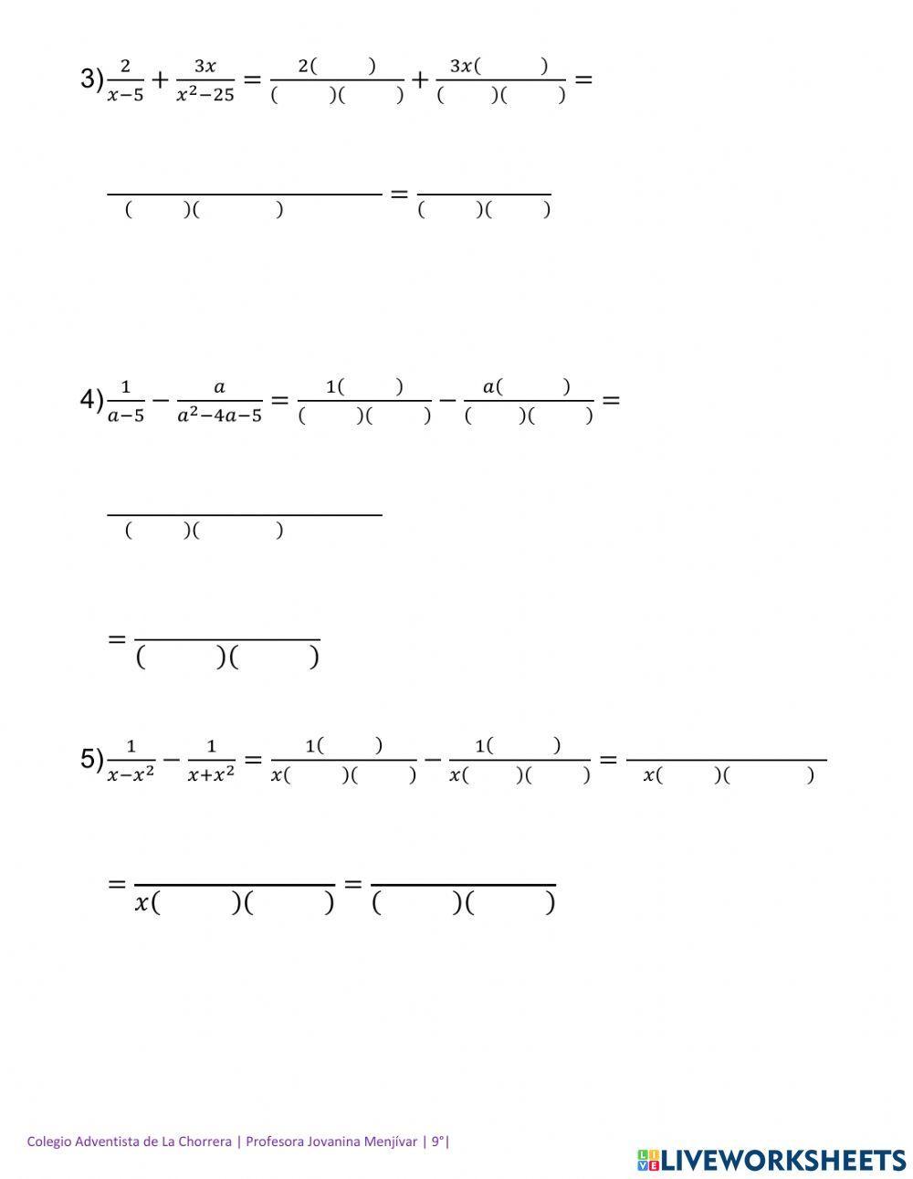 Suma y Resta de Fracciones Algebraicas