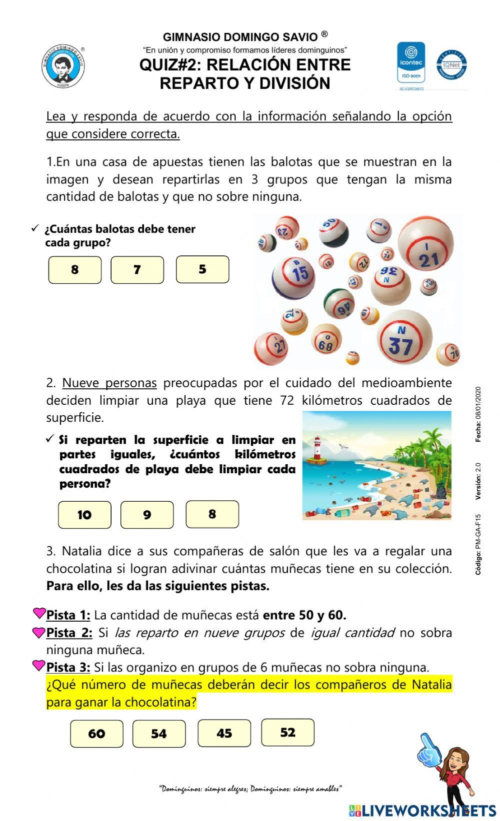 Quiz: relación repartos y división Quiz: relación repartos y división