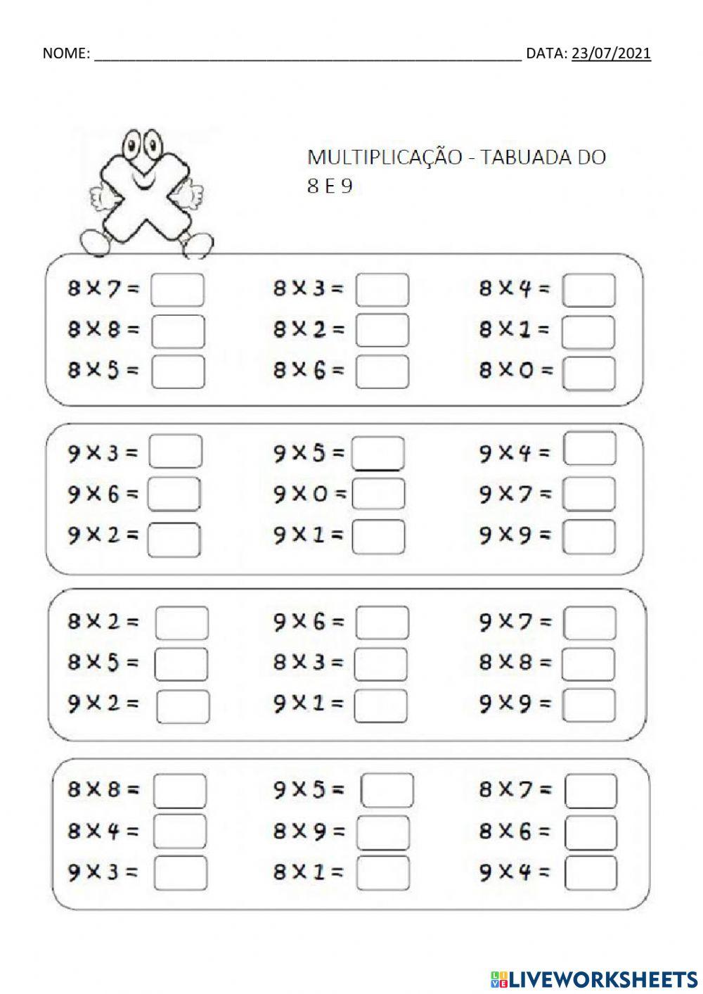 Multiplicação tabuada do 8 e 9