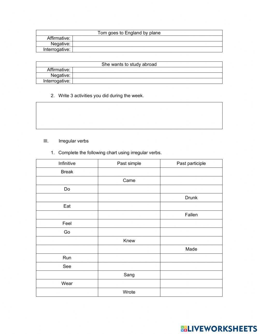 English test, present and past simple - irregular verbs