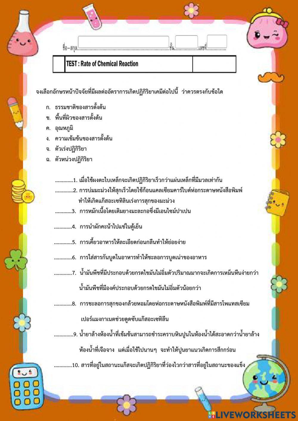 ปัจจัยที่มีผลต่ออัตราการเกิดปฏิกิริยาเคมี