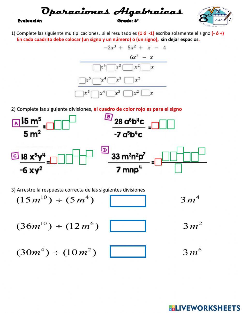 Evaluación operaciones con Expresiones Algebraicas