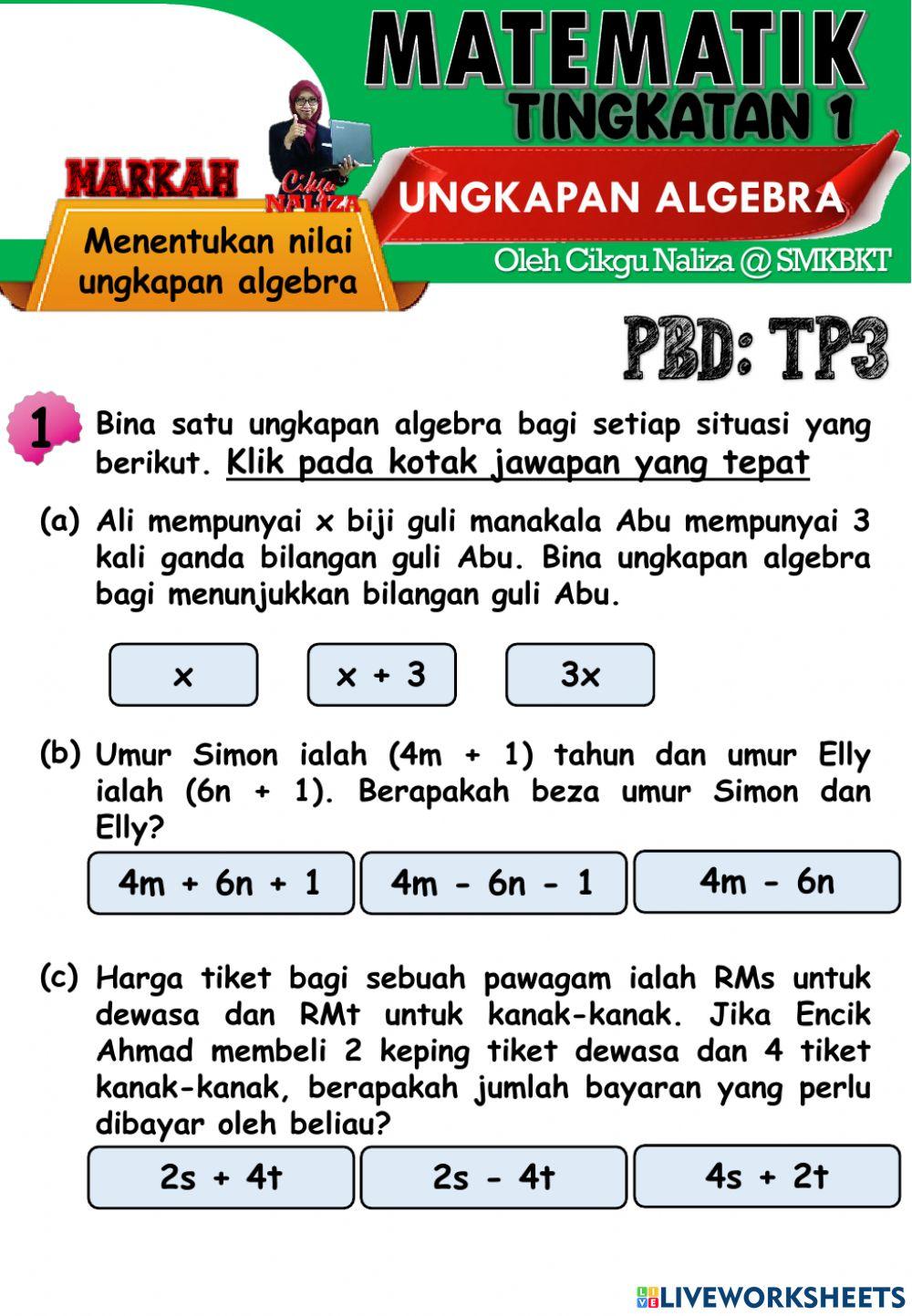 Ungkapan algebra:menentukan nilai ungkapan algebra Ungkapan algebra:menentukan nilai ungkapan algebra