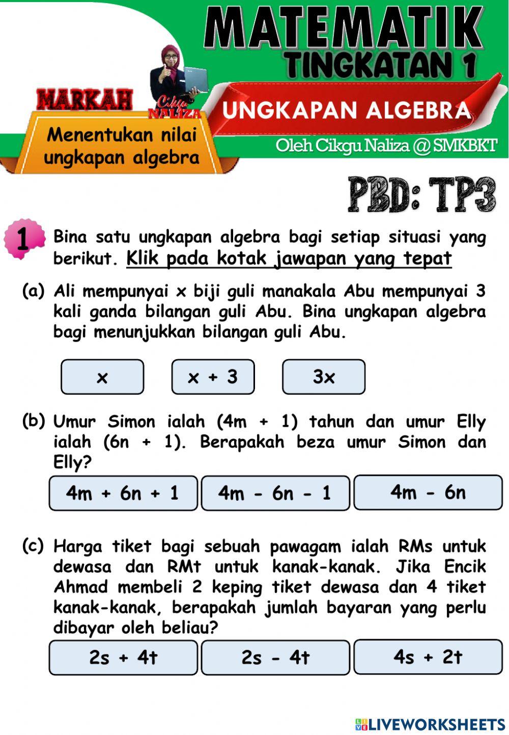 Ungkapan algebra:menentukan nilai ungkapan algebra