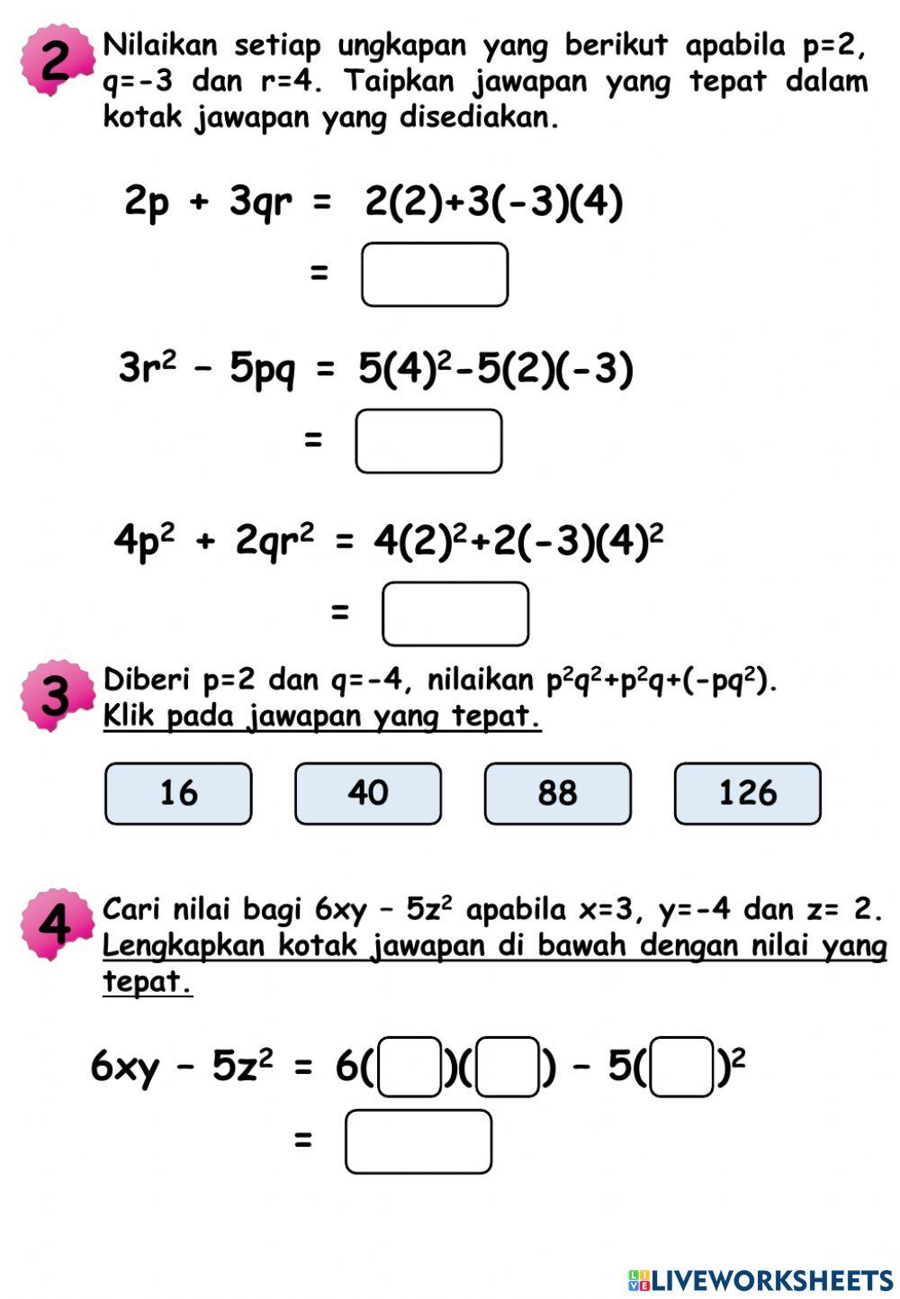 Ungkapan algebra:menentukan nilai ungkapan algebra Ungkapan algebra:menentukan nilai ungkapan algebra
