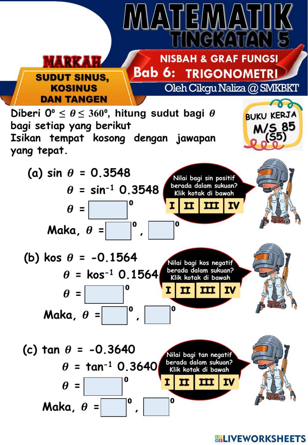 Sudut bagi nilai sin. kos dan tan Sudut bagi nilai sin. kos dan tan