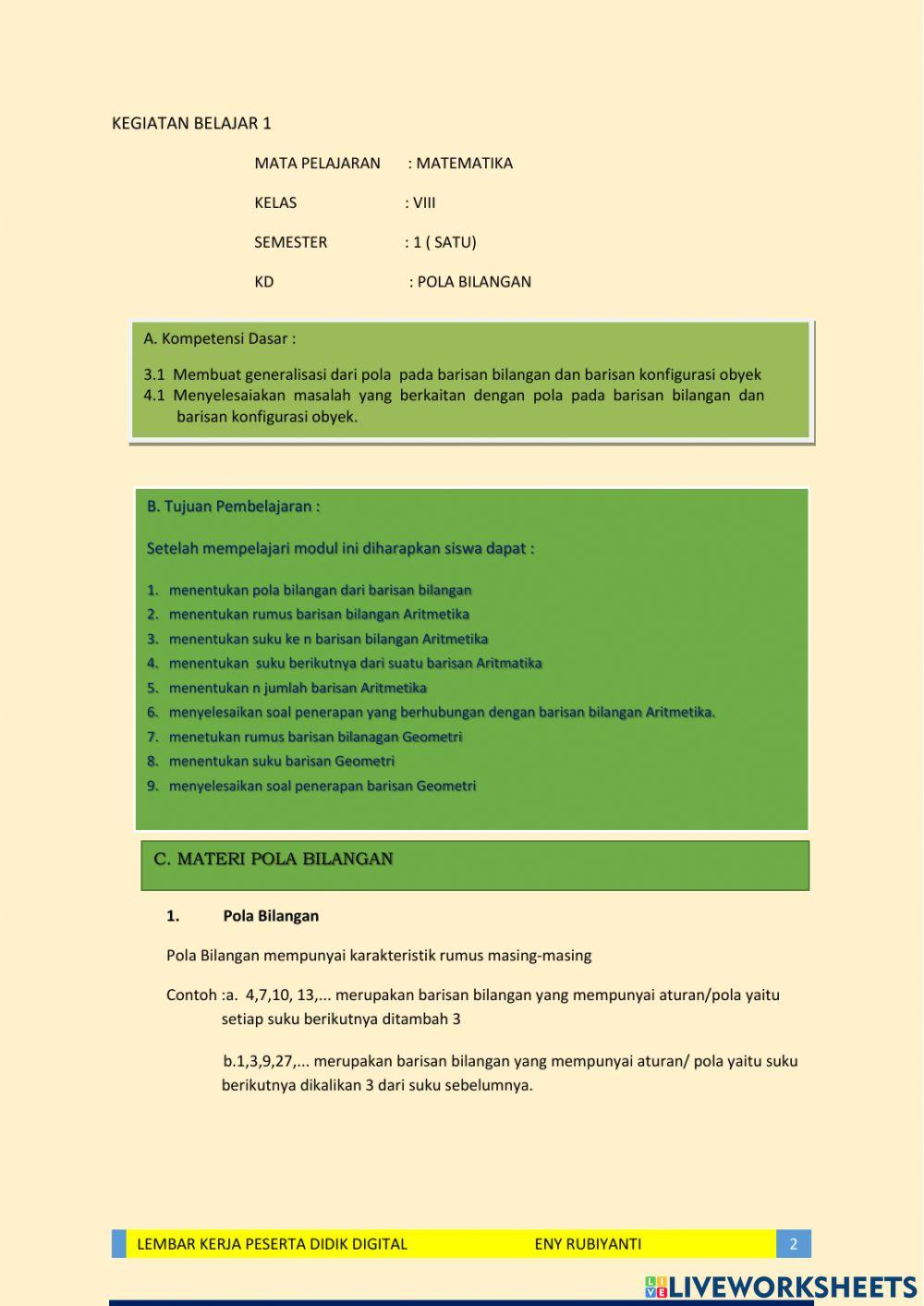 Lkpd Pola Bilangan kelas 8