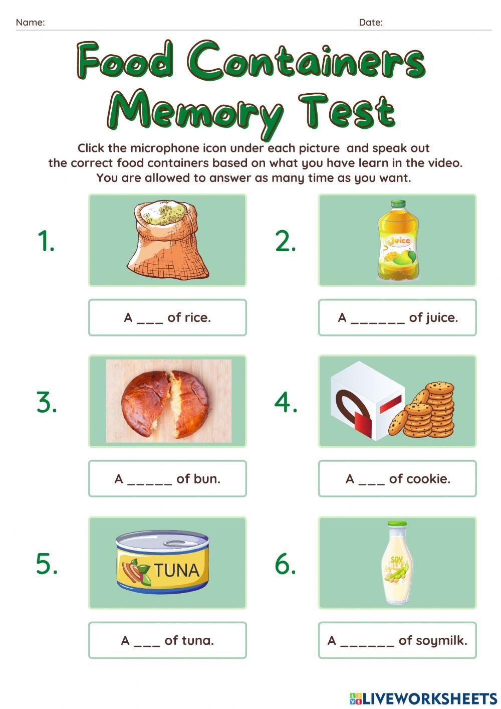 Food Container Memory Test Worksheet