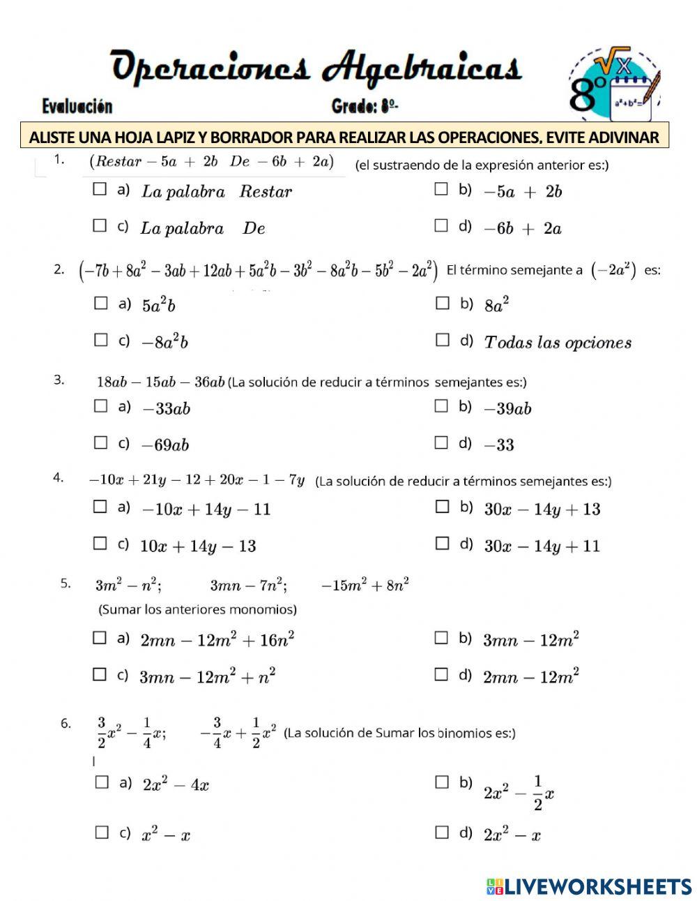 Evaluación Matemática EXPRESIONES ALGEBRAICAS