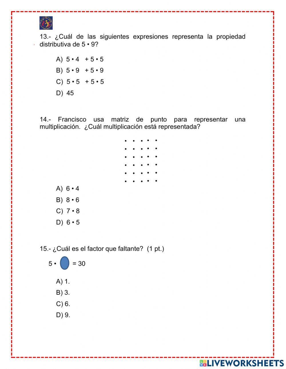 Evaluación Diagnóstica II Julio- Agosto, Matemática con adecuación3° Básico
