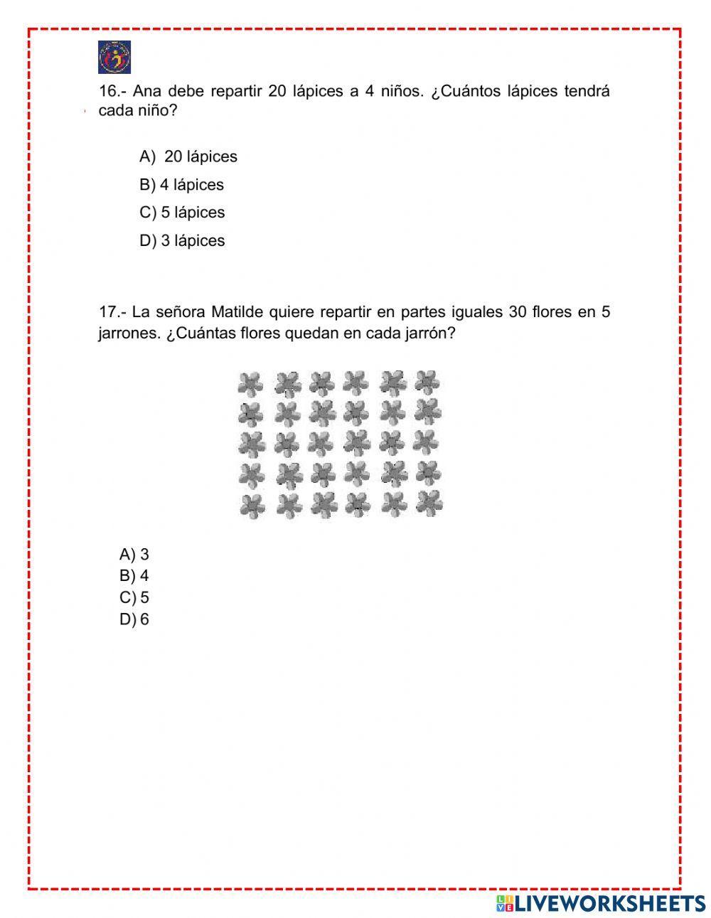 Evaluación Diagnóstica II Julio- Agosto, Matemática con adecuación3° Básico