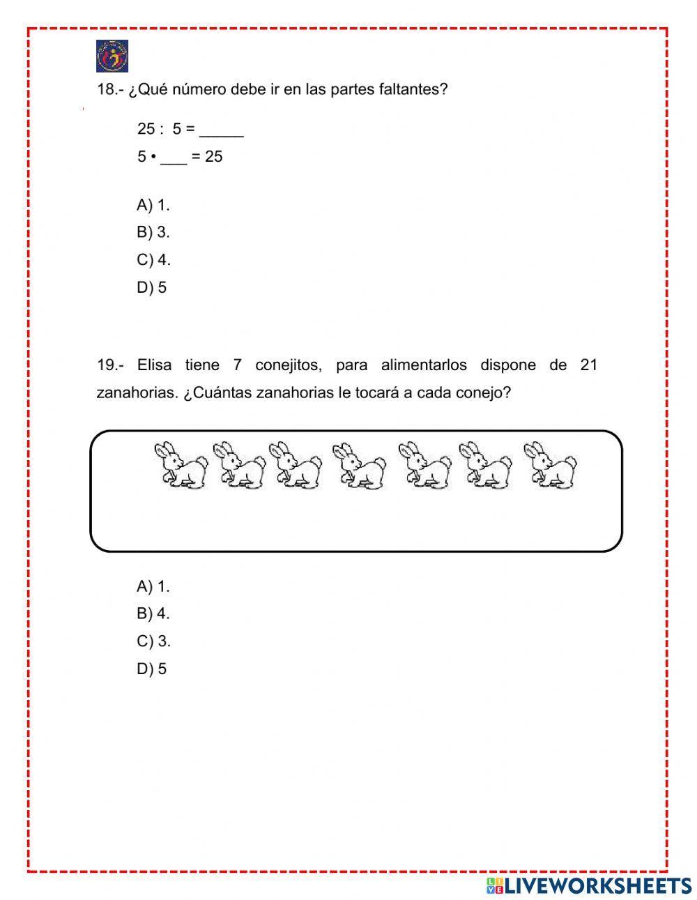 Evaluación Diagnóstica II Julio- Agosto, Matemática con adecuación3° Básico