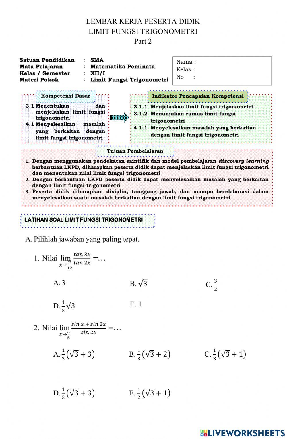 Latihan Soal Limit Fungsi Trigonometri