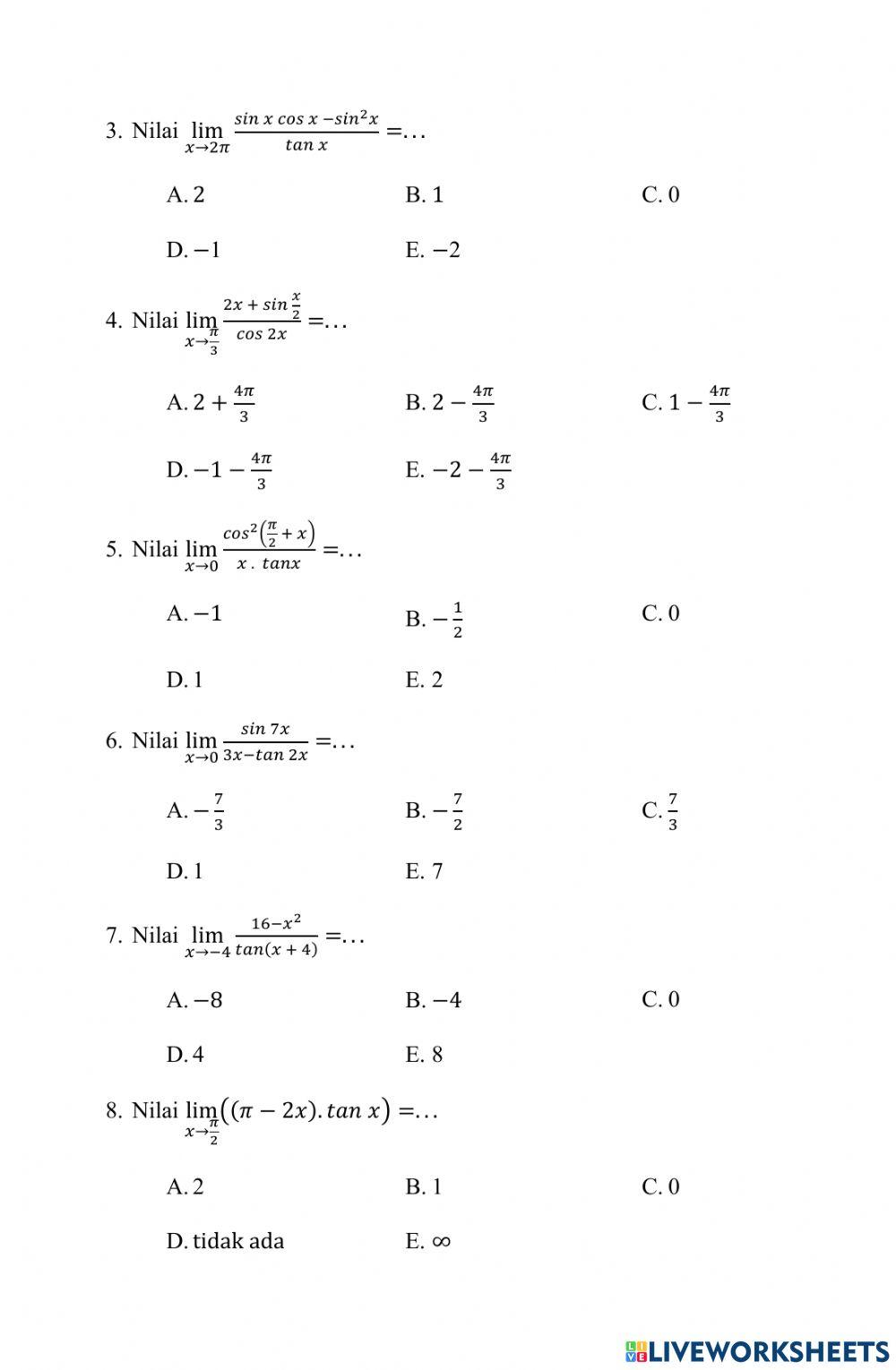 Latihan Soal Limit Fungsi Trigonometri